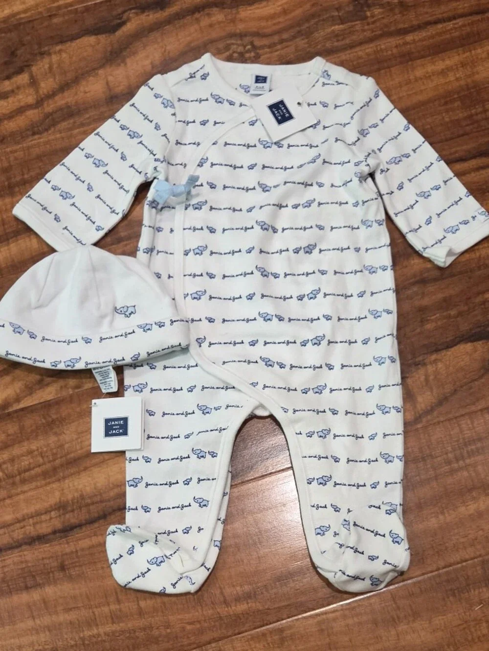 Children's White and Blue Logo-Print Footed Sleepsuit with Hat